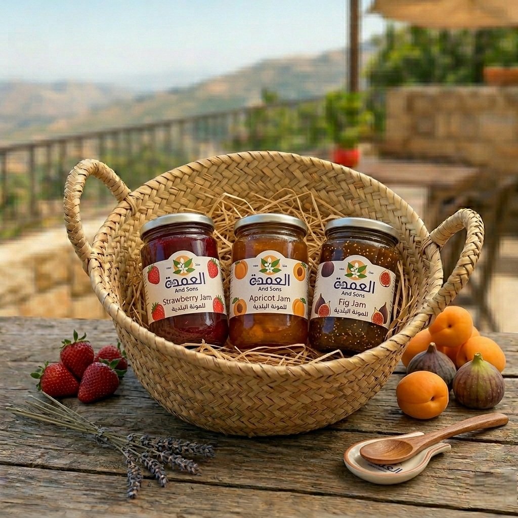 A basket of Al Omda & Sons jams set against the Lebanese mountains